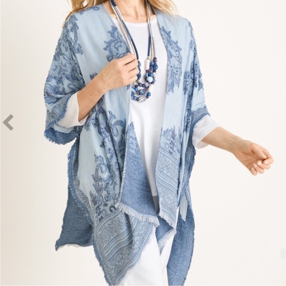 Chico's Other - Chico's One Size Kimono Blue Open Cardigan 3/4 Sleeves Embroidered Beaded Sequin